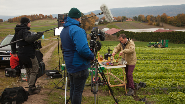 The crew films host Andreas Viestad preparing a fresh salad in the fairytale land of Ringerike, Norway.